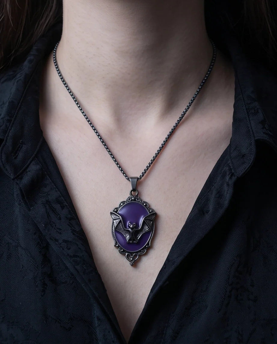 Antique Silver Gothic Bat Purple Enamel Medallion Chain Necklace