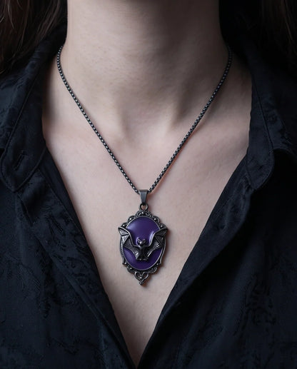 Antique Silver Gothic Bat Purple Enamel Medallion Chain Necklace