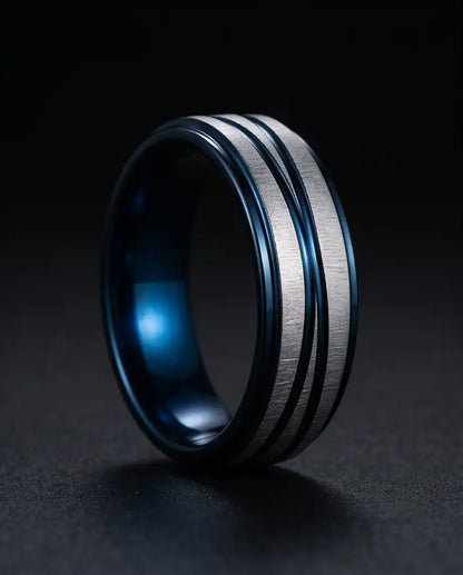 Two-Tone Brushed Silver and Blue Grooved Band Ring