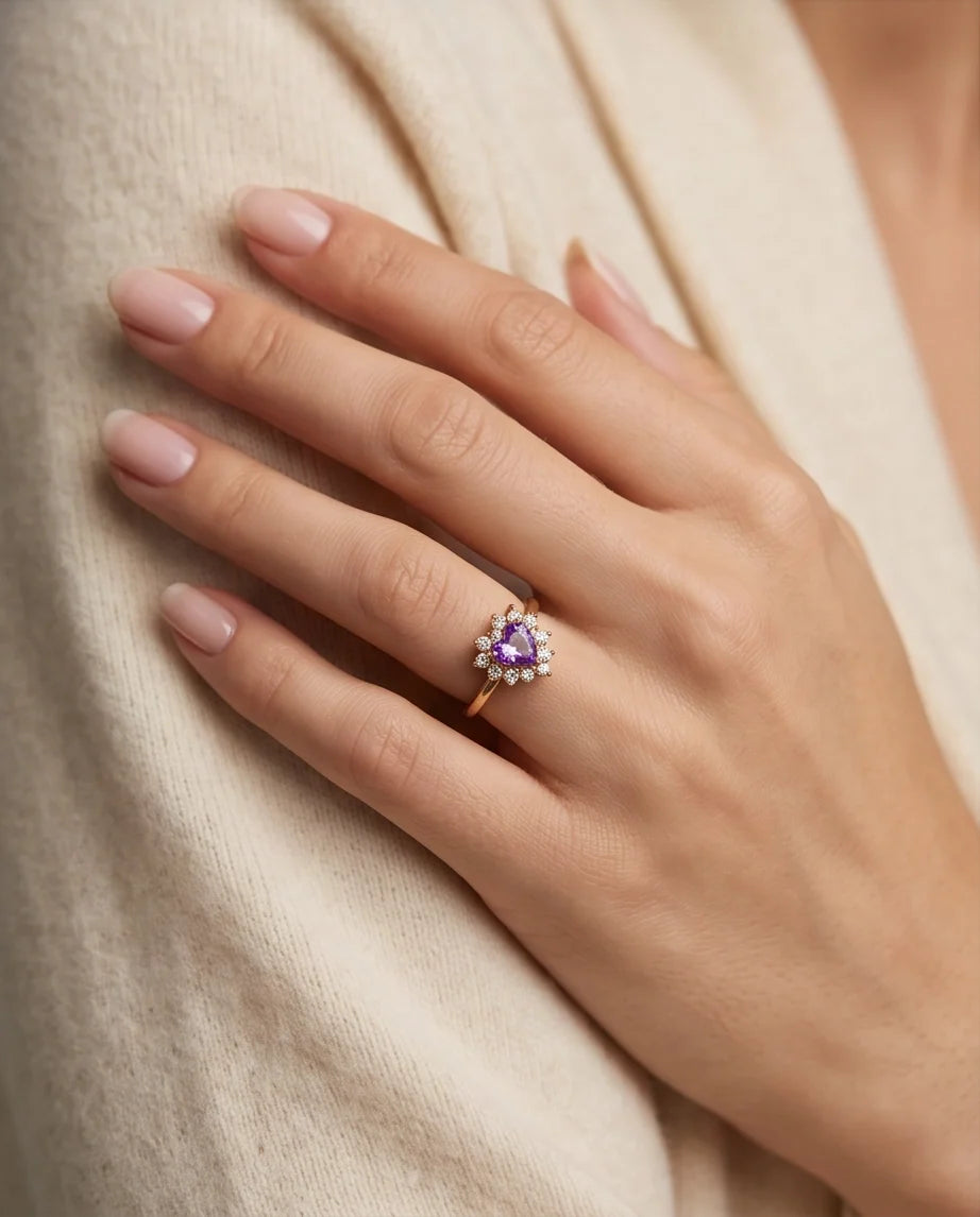 Gold Purple Heart Gemstone Halo Ring