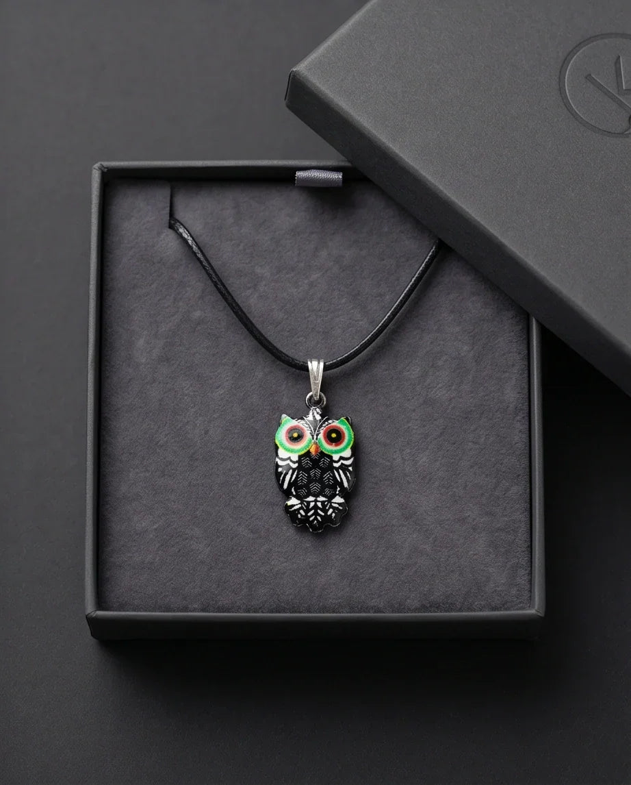 Mystic Green-Eyed Tribal Owl Pendant Necklace