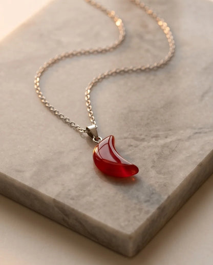 Silver Carnelian Red Crescent Moon Pendant Necklace