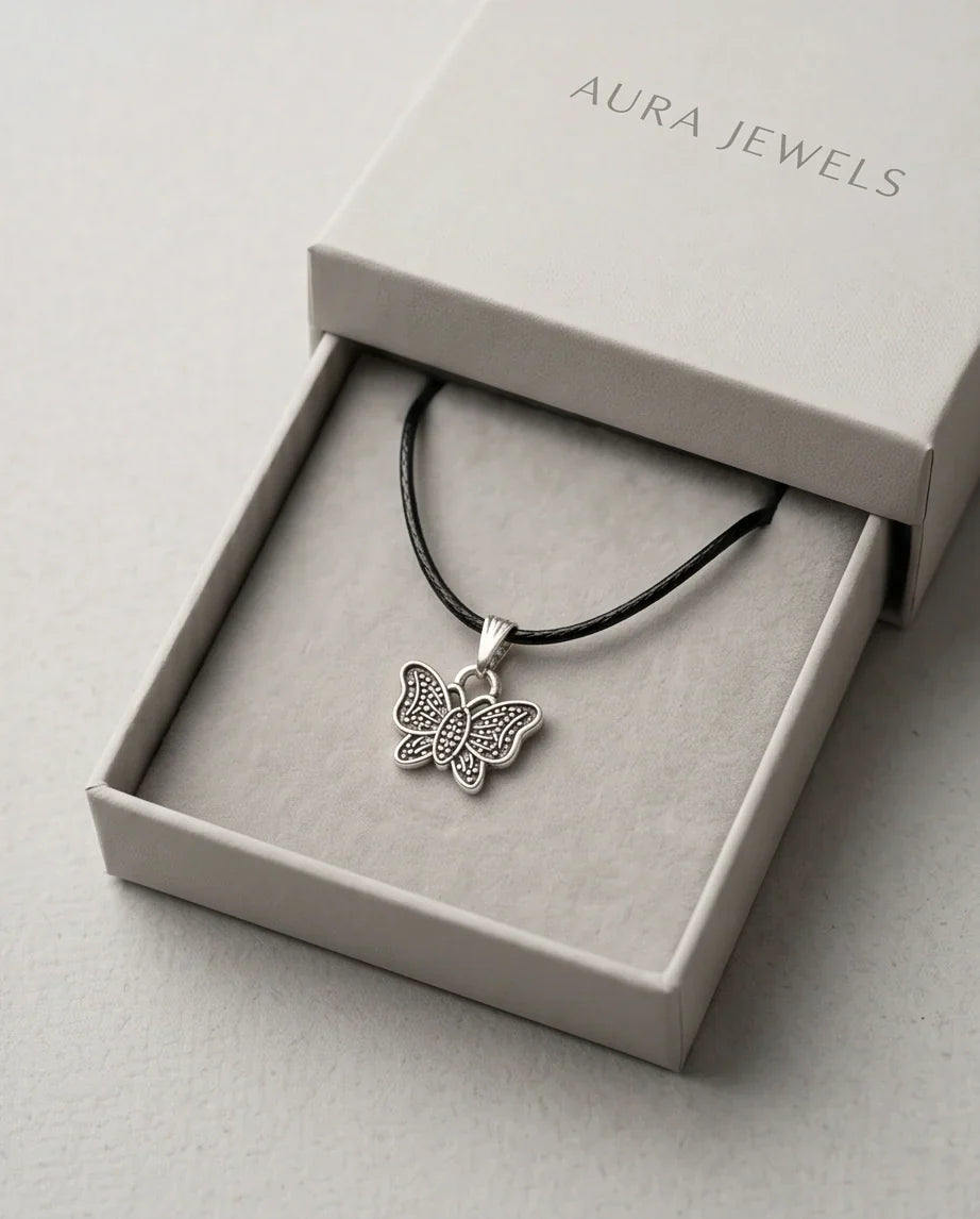 Silver Textured Butterfly Pendant Necklace
