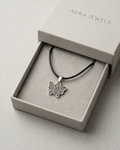 Silver Textured Butterfly Pendant Necklace