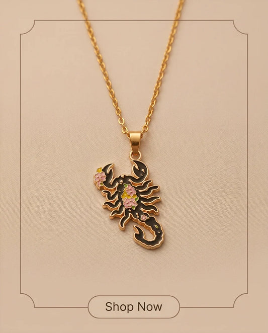 Gold Floral Scorpion Enamel Chain Necklace