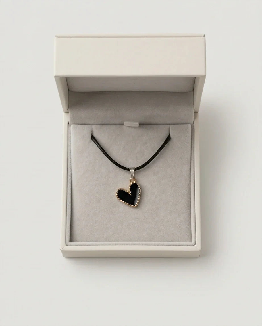 Gold Beaded Black Enamel Heart Necklace