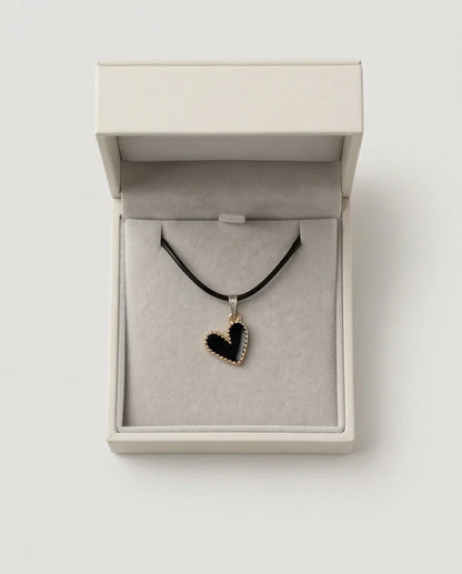 Gold Beaded Black Enamel Heart Necklace