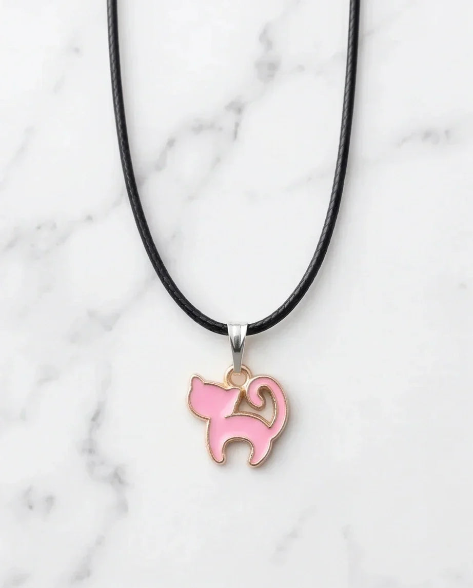 Playful Pink Cat Enamel Pendant Necklace