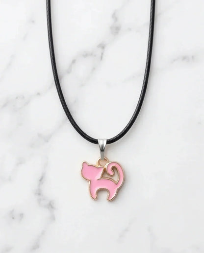Playful Pink Cat Enamel Pendant Necklace