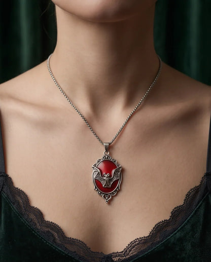 Antique Silver Gothic Bat Red Enamel Medallion Chain Necklace
