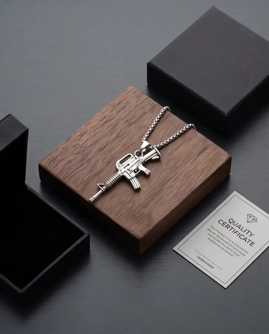 Retro Assault Rifle Weapon Pendant Box Chain