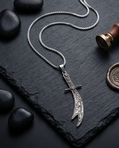 Antiqued Zulfiqar Sword Pendant Silver Box Chain Necklace