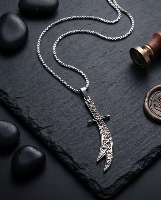 Antiqued Zulfiqar Sword Pendant Silver Box Chain Necklace