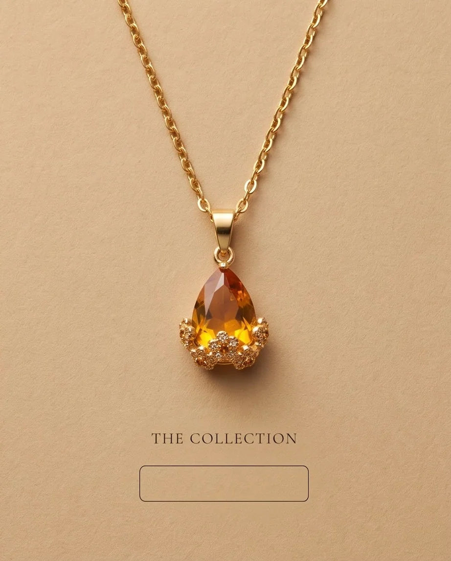 Gold Amber Teardrop Floral Basket Pendant Necklace