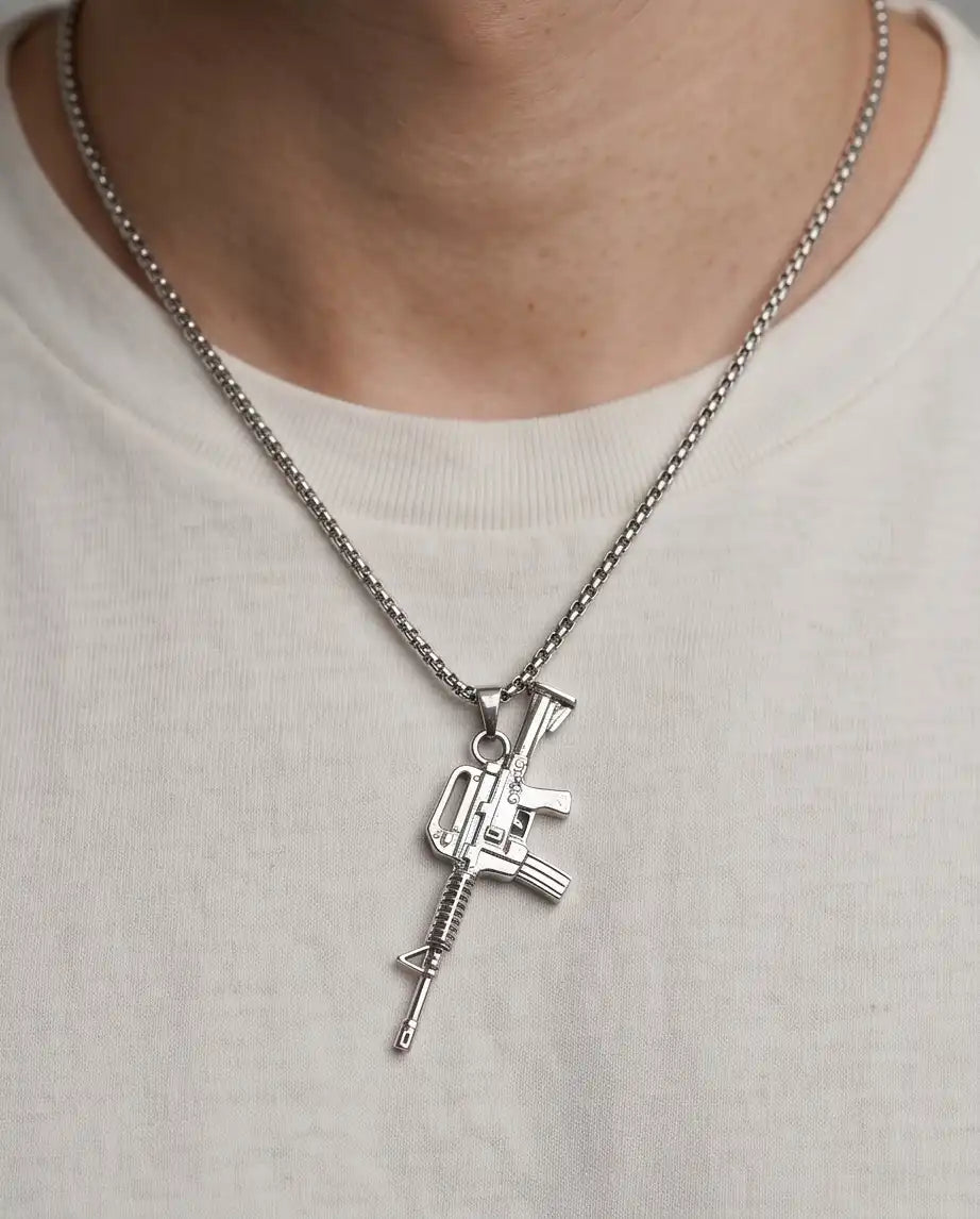 Retro Assault Rifle Weapon Pendant Box Chain