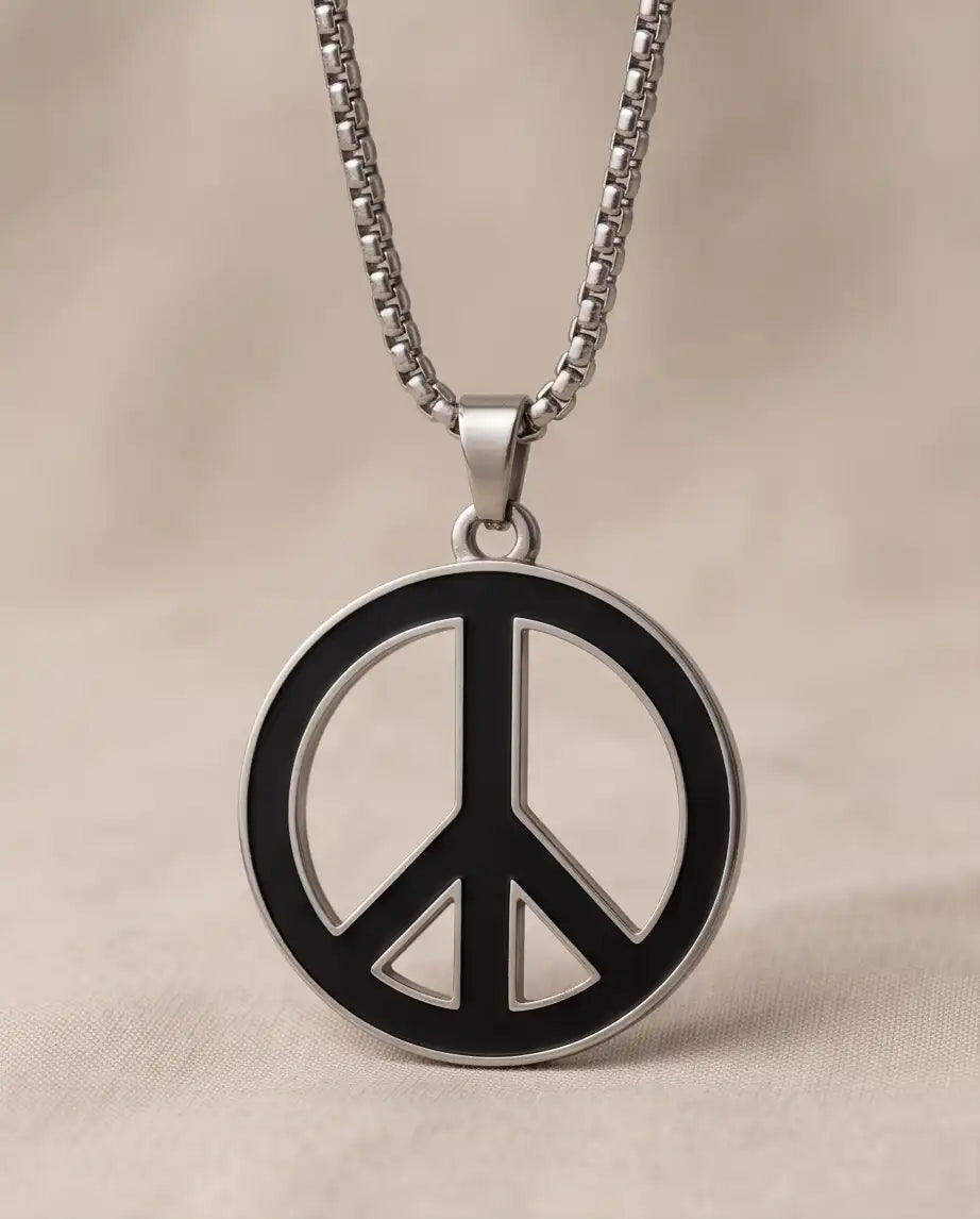 Black Enamel Peace Symbol Medallion Silver Box Chain Necklace