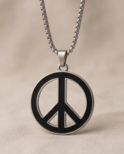 Black Enamel Peace Symbol Medallion Silver Box Chain Necklace