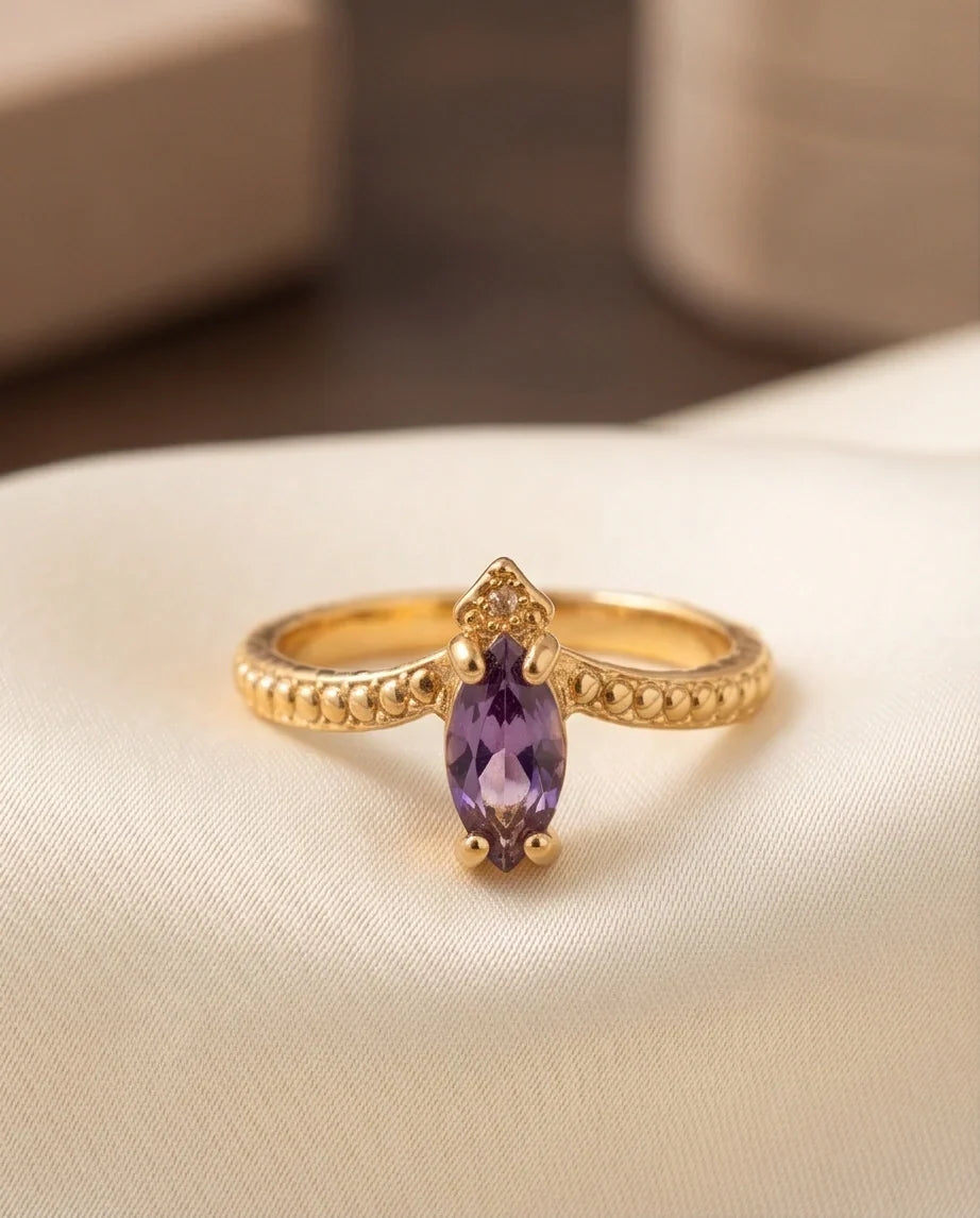 "Amethyst Aura" – Marquise Cut Gold Ring