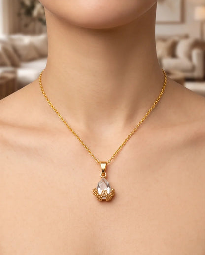 Gold Clear Teardrop Floral Basket Pendant Necklace