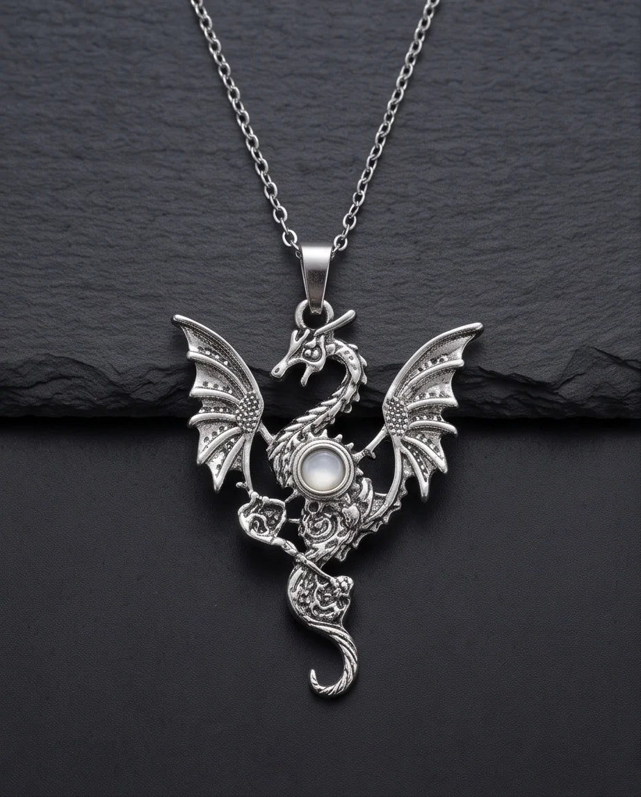 Silver Steampunk Dragon Gear Pendant Necklace
