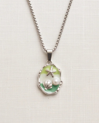 Silver Green Seashell Starfish Pearl Enamel Medallion Chain Necklace