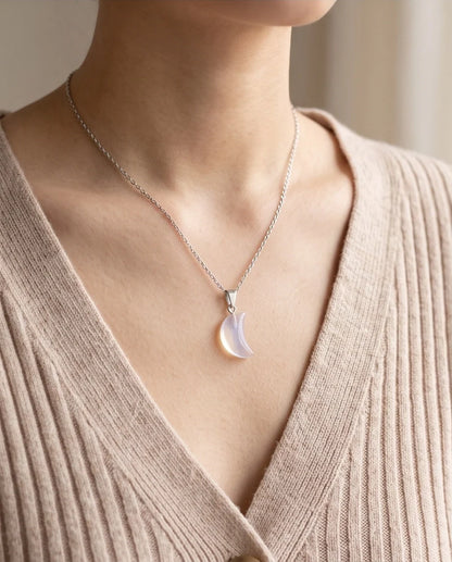 Silver Opalite Crescent Moon Pendant Necklace