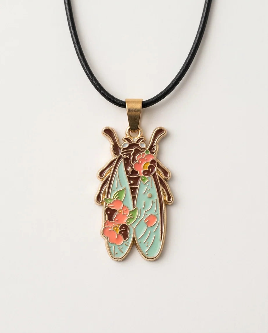Gold Floral Cicada Enamel Chain Necklace