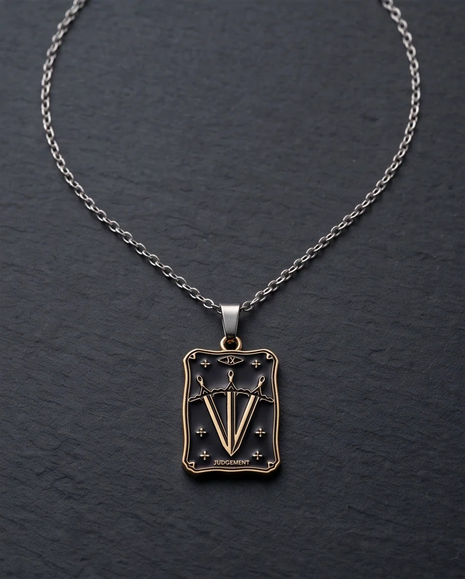 Gold "Judgement" Three Swords Tarot Card Pendant Necklace