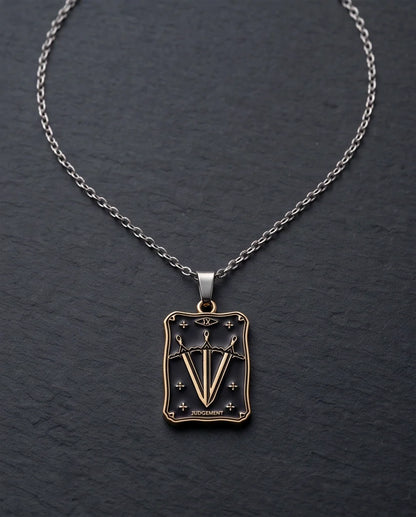 Gold "Judgement" Three Swords Tarot Card Pendant Necklace
