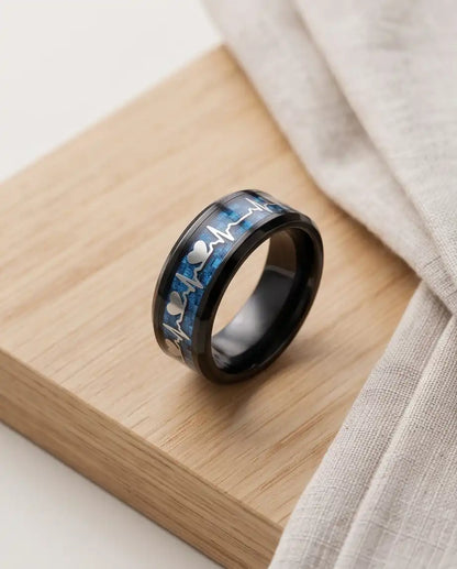 Black and Blue Carbon Fiber Heartbeat EKG Ring