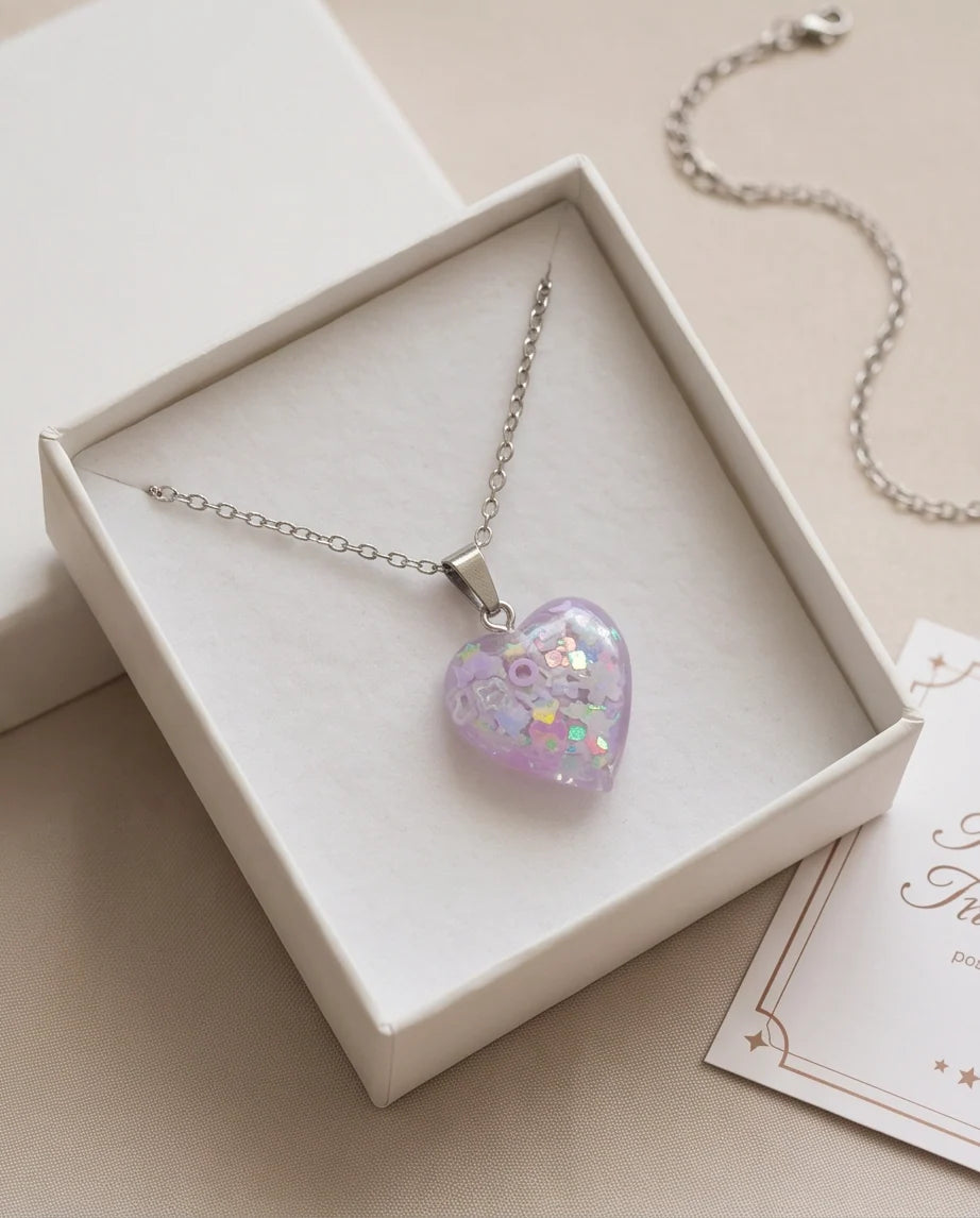 Silver Lavender Glitter Heart Resin Pendant Necklace