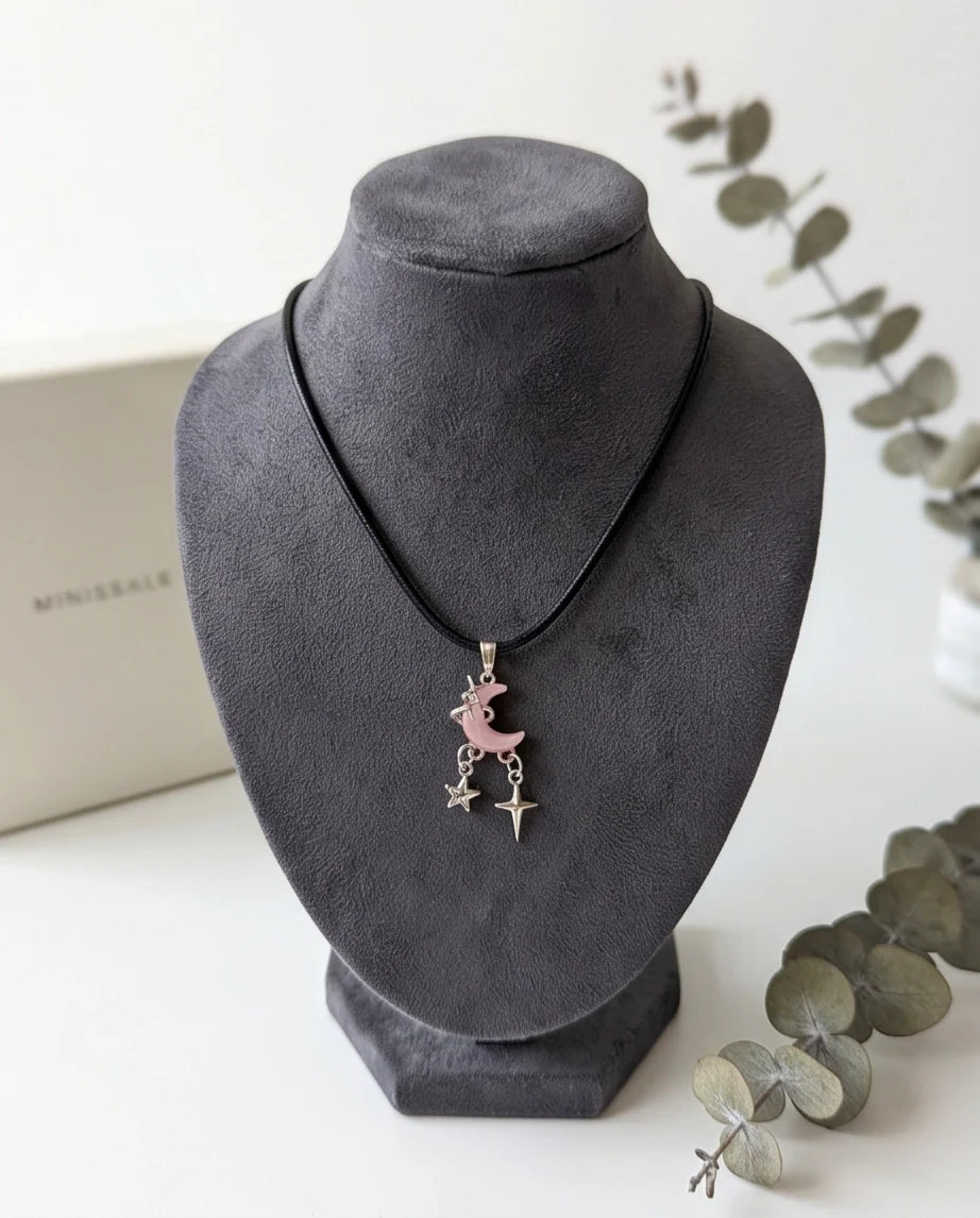 Celestial Pink Moon & Dangle Stars Necklace