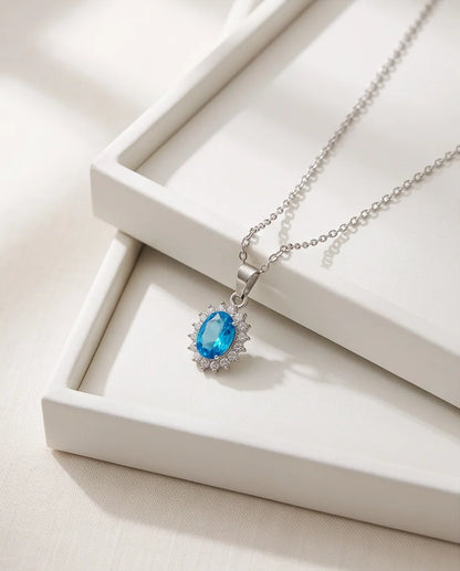 Silver Aquamarine Blue Oval Halo Medallion Pendant Necklace