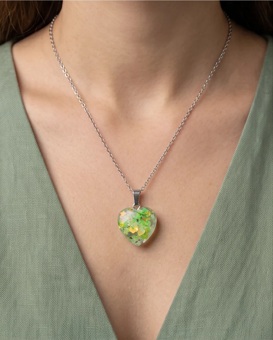 Silver Lime Green Glitter Heart Resin Pendant Necklace
