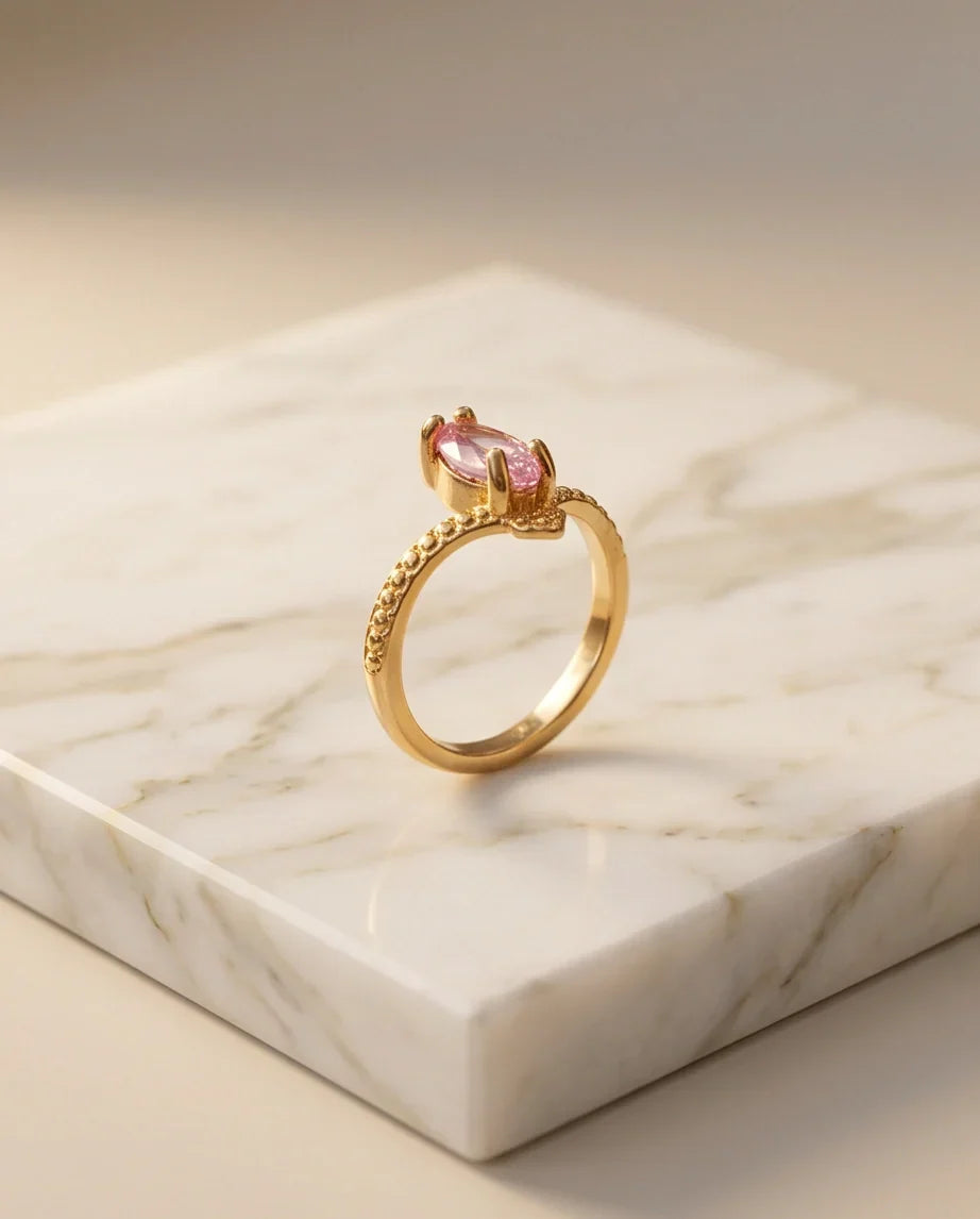Vintage Gold Marquise Pink Tourmaline Milgrain Ring
