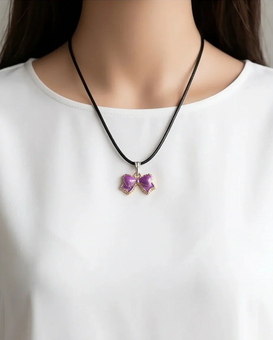 Glossy Purple Bow Enamel Pendant Necklace