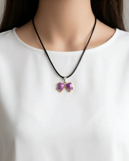 Glossy Purple Bow Enamel Pendant Necklace
