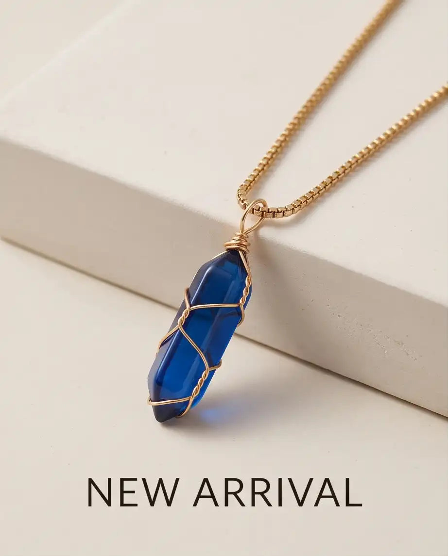 Wire-Wrapped Deep Blue Crystal Point Pendant Box Chain