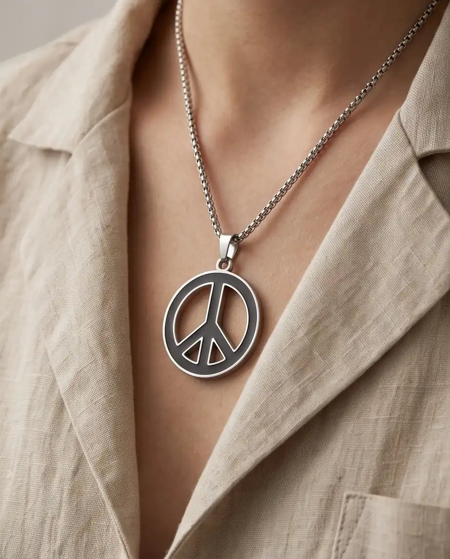 Black Enamel Peace Symbol Medallion Silver Box Chain Necklace