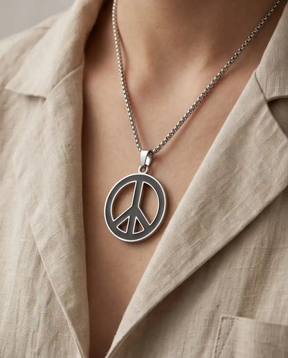 Black Enamel Peace Symbol Medallion Silver Box Chain Necklace