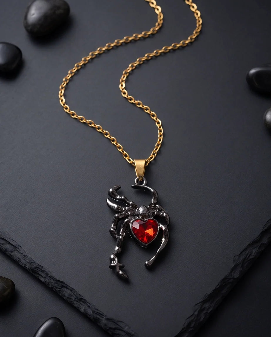 Black Spider Red Heart Crystal Gem Pendant Necklace