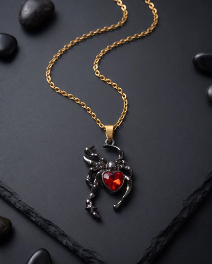 Black Spider Red Heart Crystal Gem Pendant Necklace