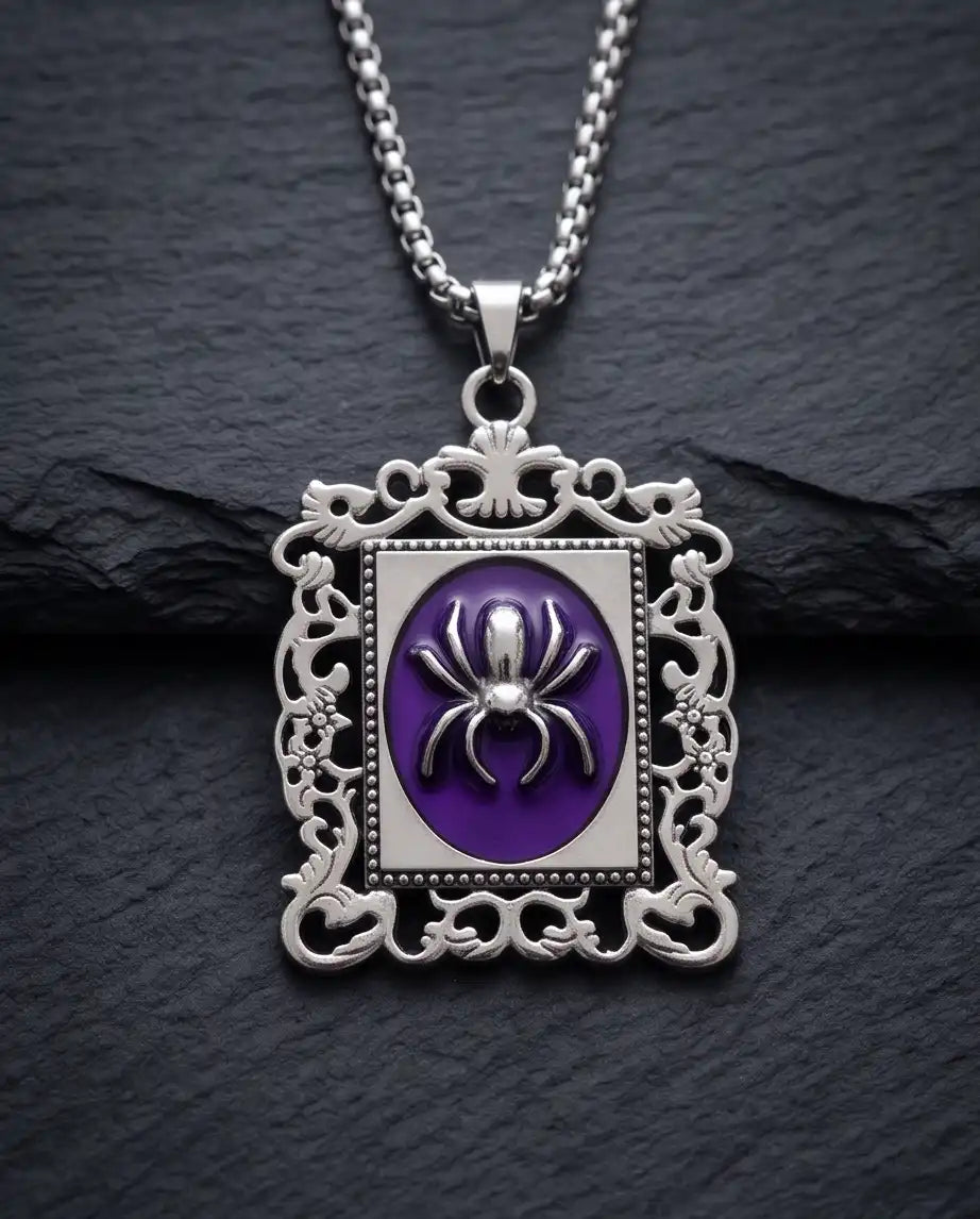Gothic Purple Enamel Spider Filigree Pendant Box Chain
