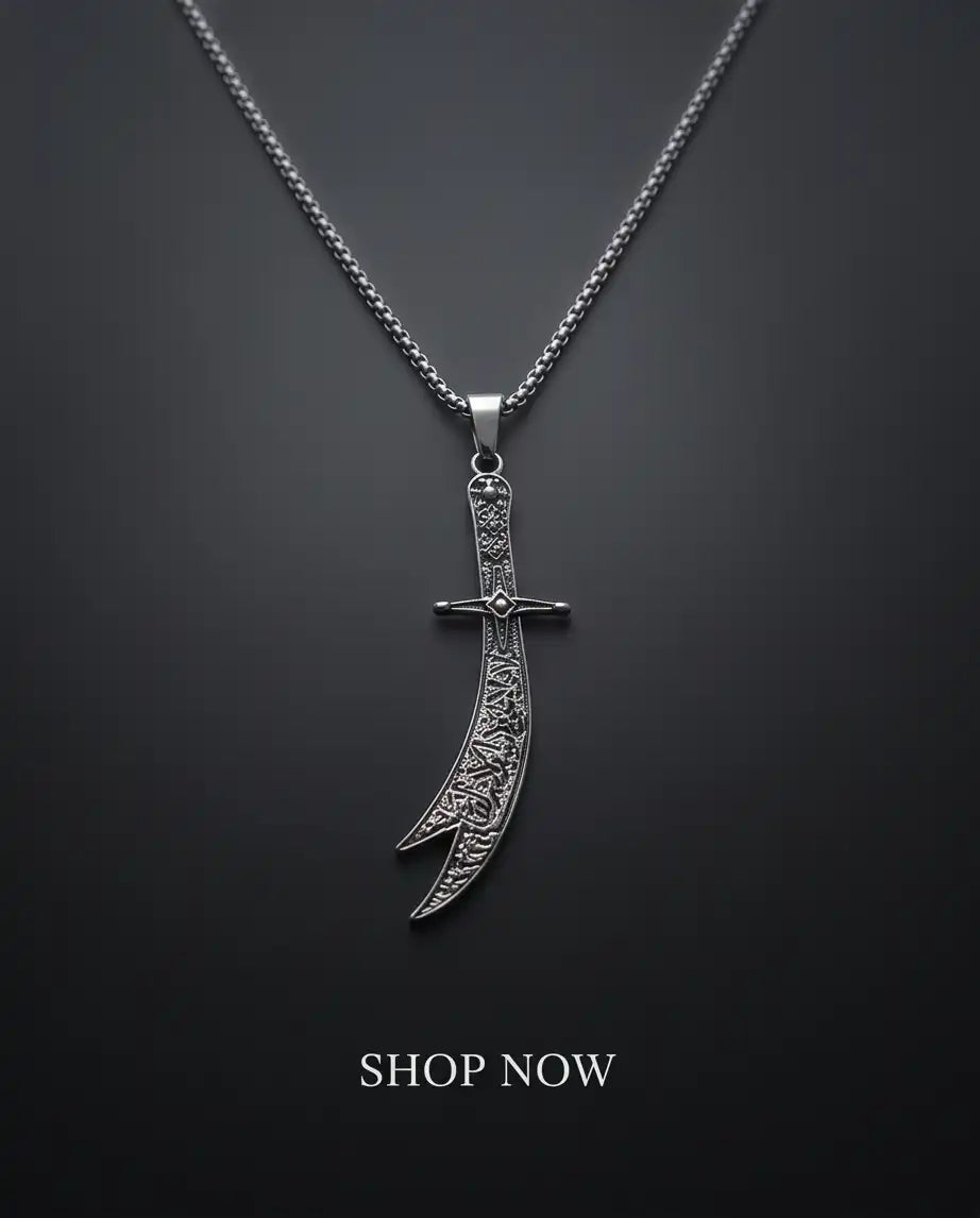 Antiqued Zulfiqar Sword Pendant Silver Box Chain Necklace