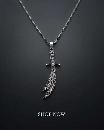 Antiqued Zulfiqar Sword Pendant Silver Box Chain Necklace