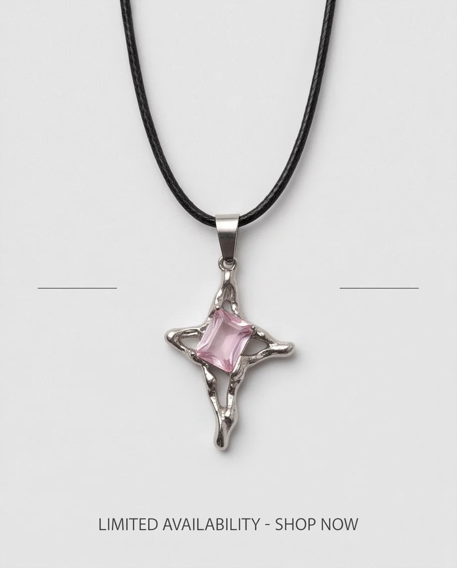 Silver Pink Gemstone Gothic Cross Pendant Necklace