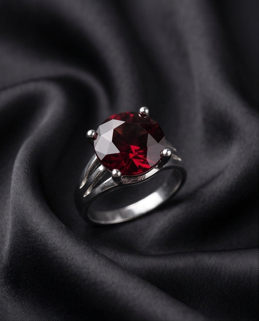 Silver Round Garnet Gemstone Solitaire Ring