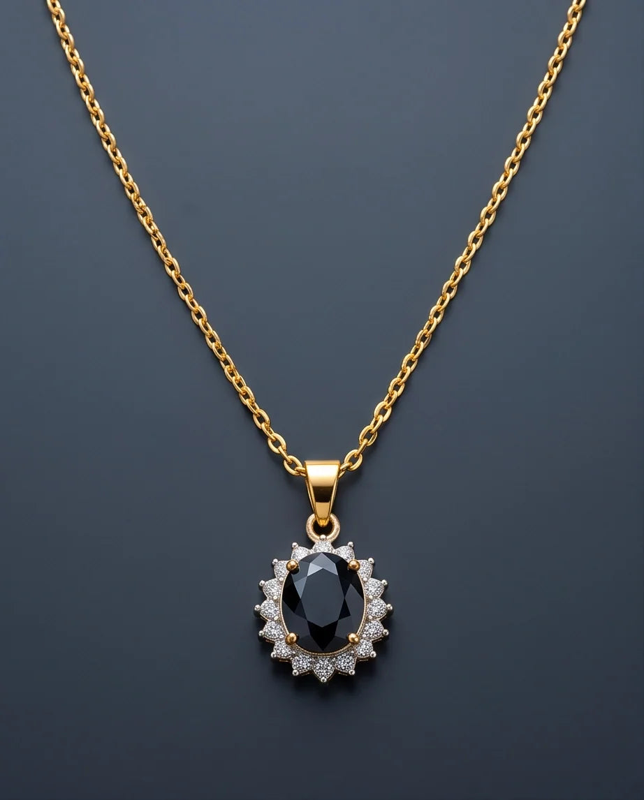 Silver Black Gem Oval Halo Medallion Pendant Necklace
