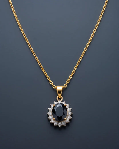 Silver Black Gem Oval Halo Medallion Pendant Necklace