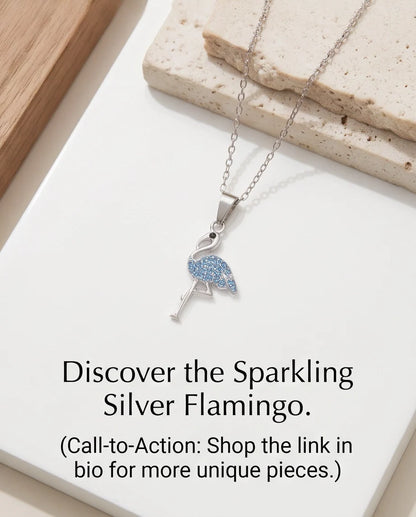 Silver Blue Crystal Paved Flamingo Pendant Necklace